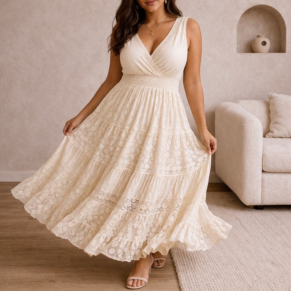 Cute Options Cream Lace Tiered Maxi Dress Boho Cottagecore Y2K Sleeveless Sz 2X